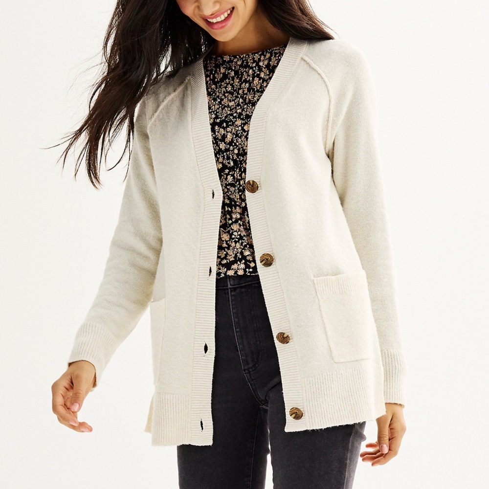 Women’s Sonoma White Cream Long Button-Front Cardigan Size S NWT
